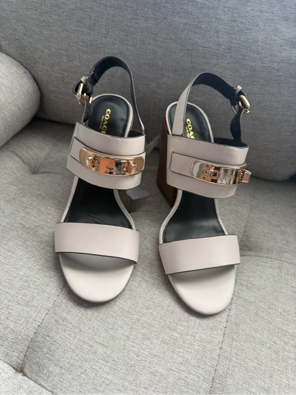 Coach Sling back Leather Dennis Chunky Heel Beige Leather Sandal 8.5